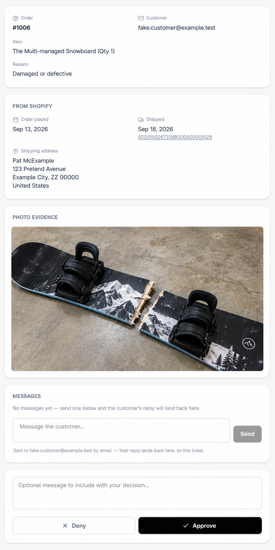 Reviewing a return request — order details from Shopify, the customer's photo evidence, a message thread, and Approve/Deny