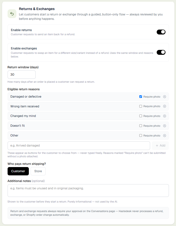 Returns & Exchanges settings — reasons, photo evidence, and who pays return shipping