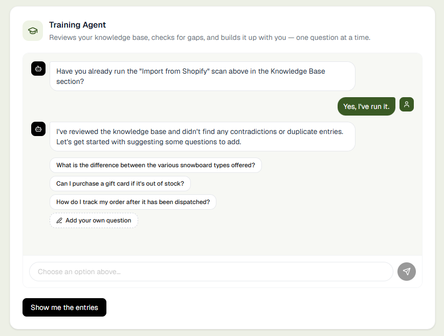 Training Agent — reviews the knowledge base, proposes candidate customer questions, and lets you add your own